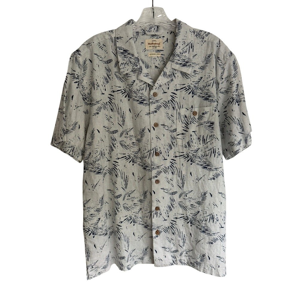 Weatherproof Vintage Mens Large Washable Linen Palm Print Camp Shirt Navy White